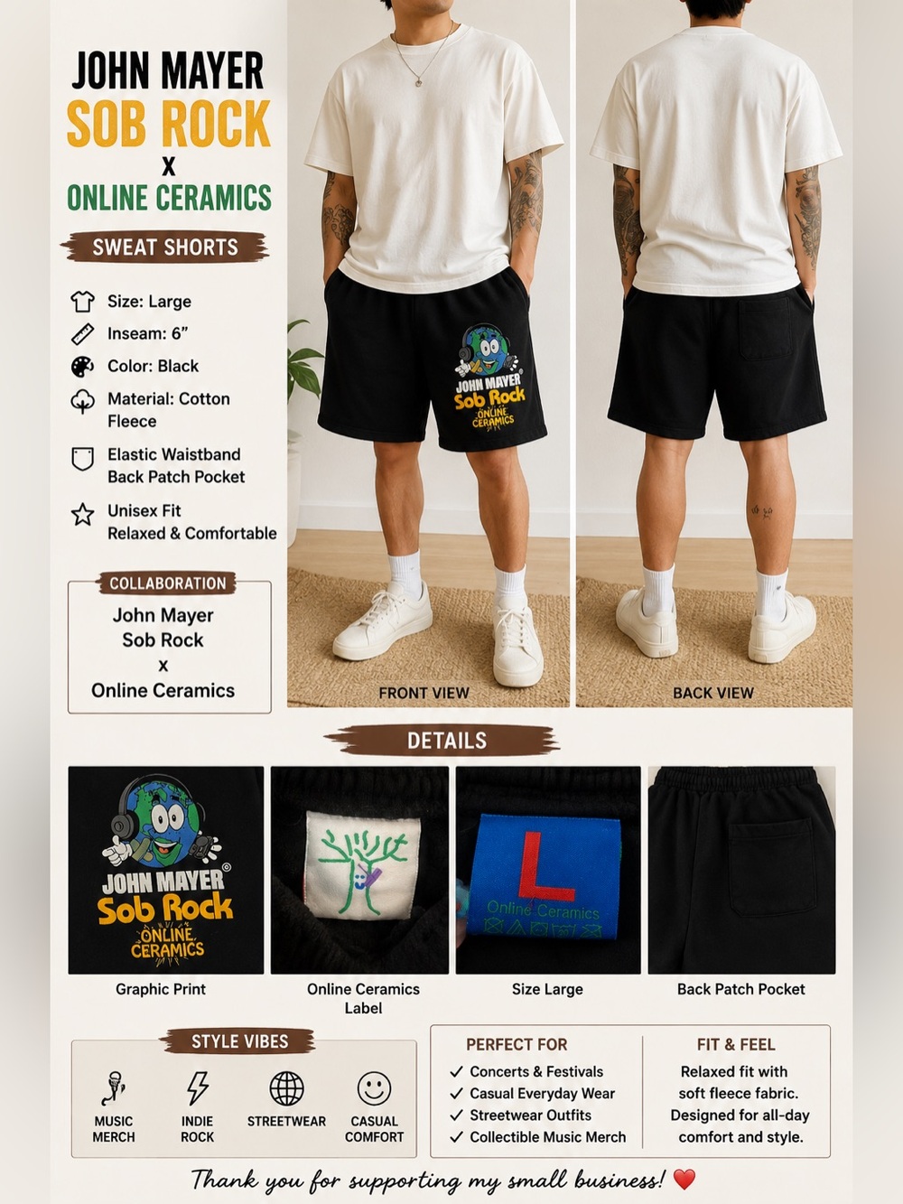 John Mayer Sob Rock x Online Ceramics Black Sweat Shorts Large 6” Inseam
